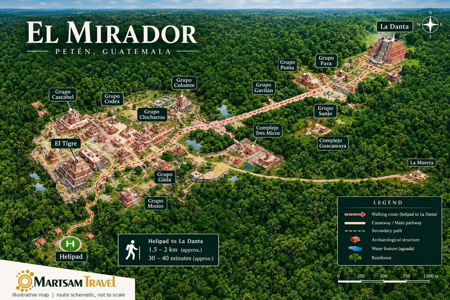 el-mirador-helicopter-tour-archaeological-map El Mirador Helicopter Tour archaeological map showing the helipad, walking route to La Danta, El Tigre pyramid, and major Maya complexes in Petén, Guatemala.